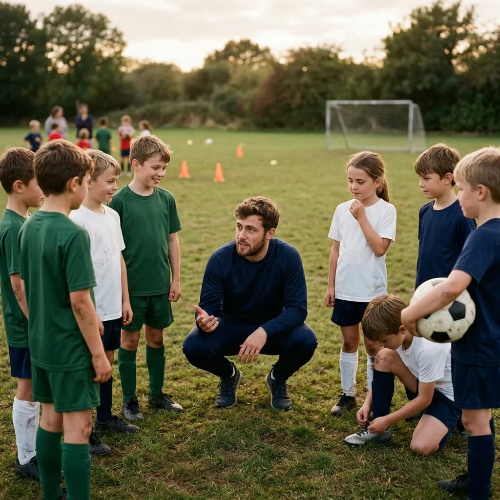 Jugendtrainer hockt auf Augenhöhe im Teamkreis und spricht ruhig zu seiner Kindermannschaft