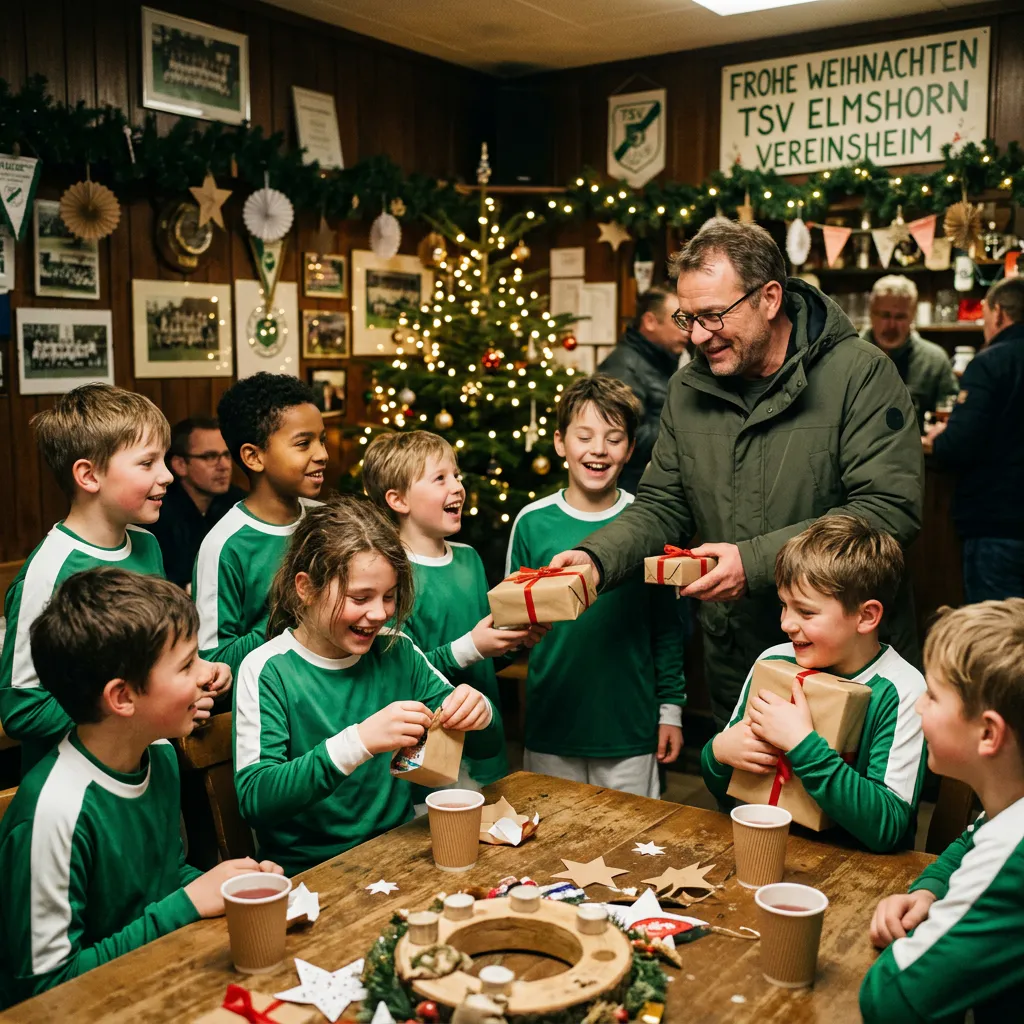 Jugendfußballmannschaft in grün-weißen Trikots erhält Geschenke im weihnachtlich geschmückten Vereinsheim